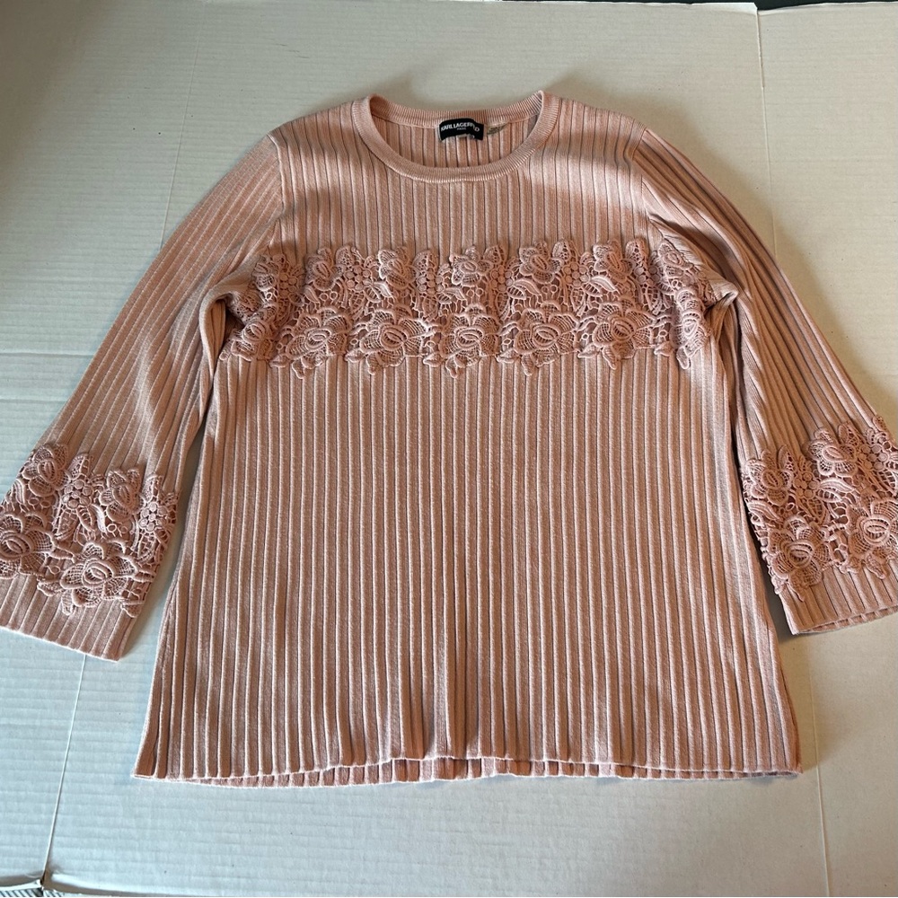 Karl Lagerfeld Women XL Pullover Sweater Blush Lace Accents Ribbed Stretch